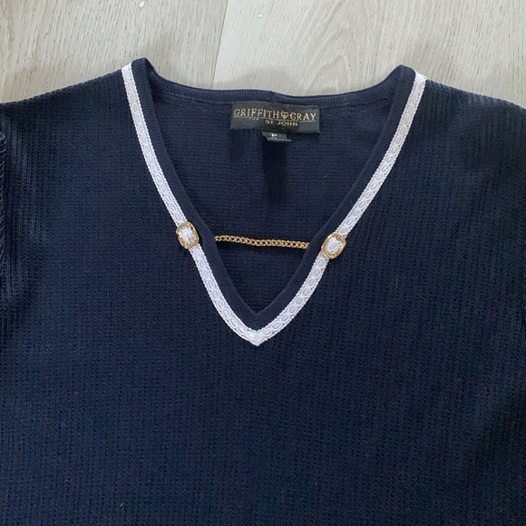 GRIFFITH GRAY ST. JOHN navy blue top gold chain size S nautical casual career - Picture 8 of 9